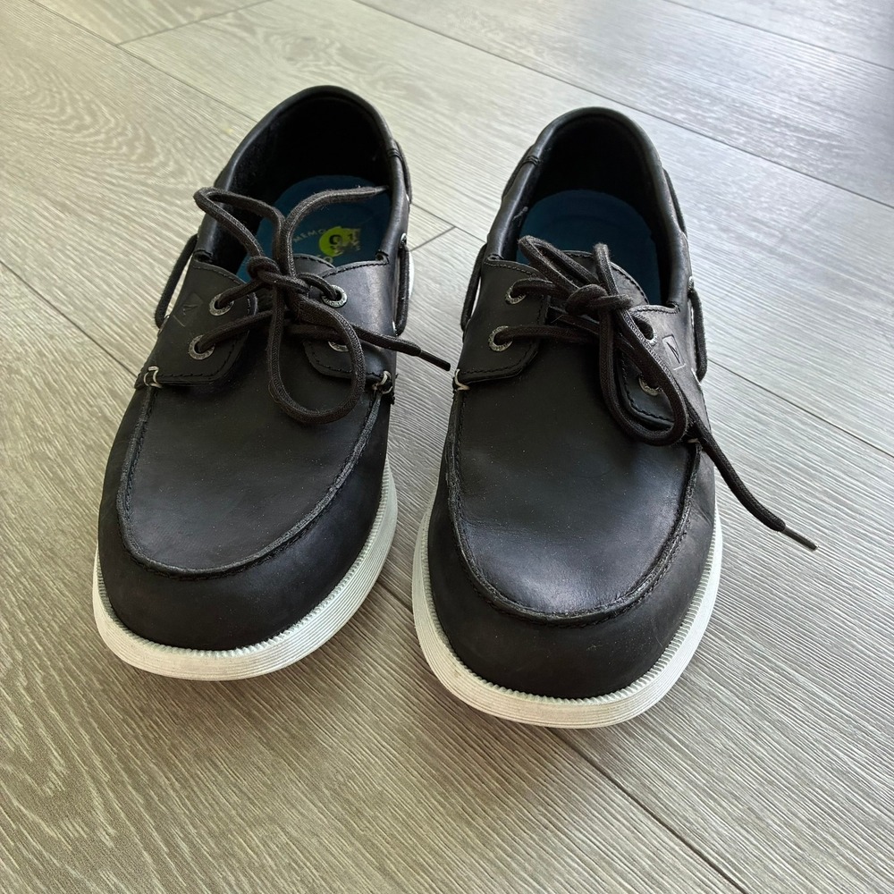 Sperry Top-Sider Mens Black Leather Boat Shoes Memory Foam Loafers 9.5M